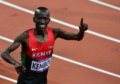 Kenya&#039;s Ezekiel Kemboi celebrates after winning the men&#039;s 3000m steeplechase final