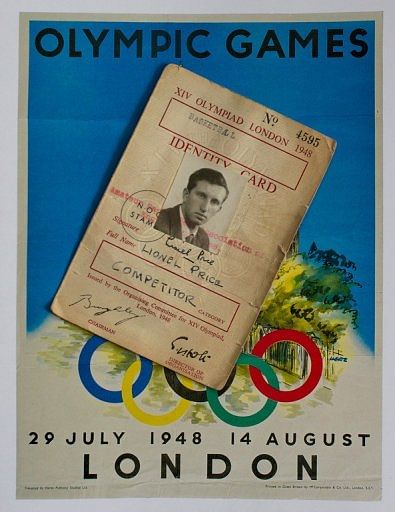 An identity card and poster used by British Olympian Lionel Price during the 1948 Olympic Games