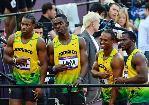 FromL: Jamaica&#039;s Yohan Blake, Kemar Bailey-Cole, Michael Frater and Nesta Carter