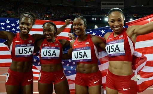 From L: USA&#039;s Tianna Madison, Bianca Knight, Carmelita Jeter and Allyson Felix