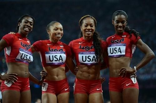 L-R: USA's Francena Mccorory, Allyson Felix, Sanya Richards-Ross and Deedee Trotter