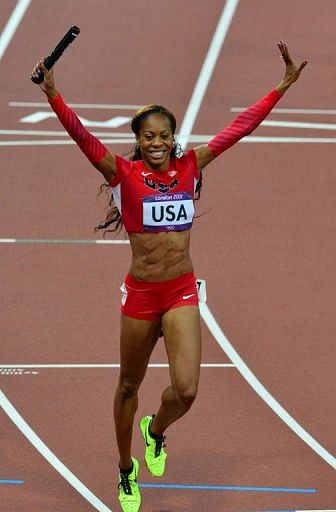 USA&#039;s Sanya Richards-Ross celebrates after they won the women&#039;s 4X400 relay final