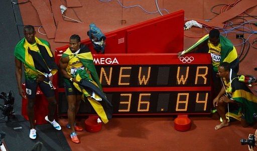 Jamaica&#039;s Usain Bolt, Nesta Carter, Yohan Blake and Michael Frater set a new 4x100m relay world record