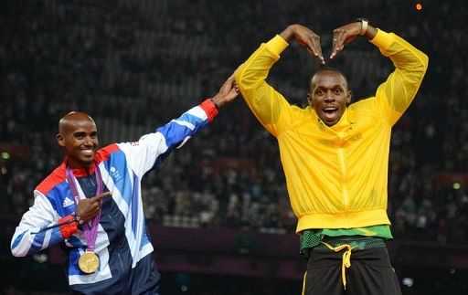 Farah does the &#039;Lightning Bolt&#039;, while Usain Bolt does the &#039;Mobot&#039;