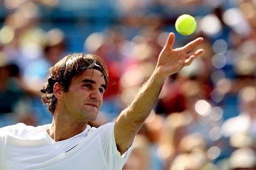 Roger Federer of Switzerland serves during the semifinals of the Western & Southern Open on August 18