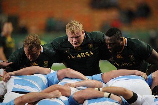 South Africa&#039;s Pat Cilliers, Adriaan Strauss and Tendai Mtawirira get ready to scrum against the Pumas on August 18