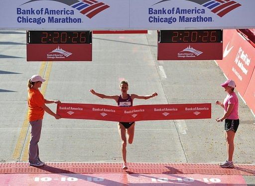 Liliya Shobukhova wins the womens race in the Chicago Marathon in 2010