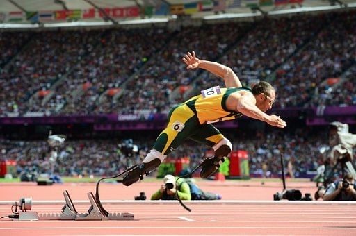 Oscar Pistorius, pictured running in the 4x400m heats at the London Olympics