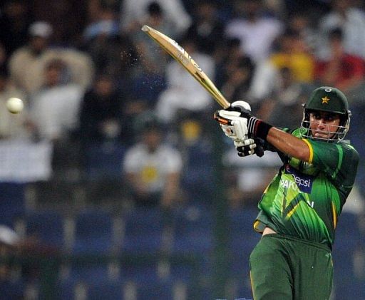 Pakistani batsman Nasir Jamshed plays a shot