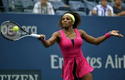 Serena Williams of the US hits against Andrea Hlavackova of the Czech Republic