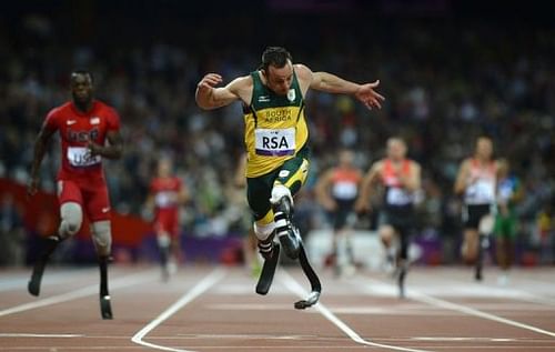 South Africa's Oscar Pistorius anchors his team home to win the men's 4x100 metres relay T42-46 final