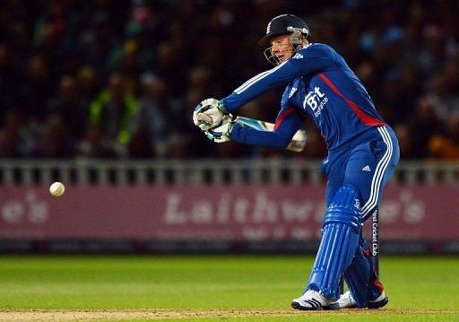 England&#039;s batsman Jos Buttler hits a six