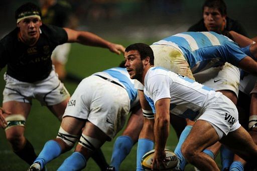 Argentina&#039;s Martin Landajo throws the ball out of the scrum during their rugby union test match vs Springboks