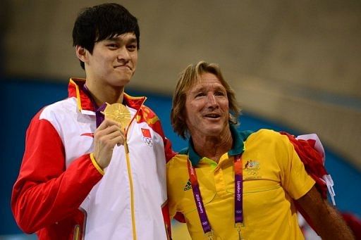 Australia&#039;s Denis Cotterell (R) with Sun Yang at the London Olympics