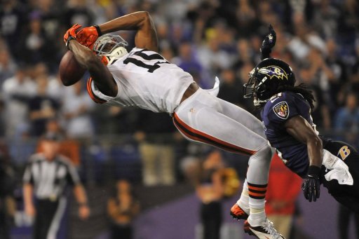 Greg Little #15 of the Cleveland Browns fails to make an endzone catch against the Baltimore Ravens