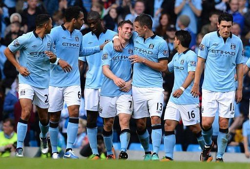 Manchester City&#039;s James Milner (4th left) scored the final goal in the 89th minute with a deflected free-kick