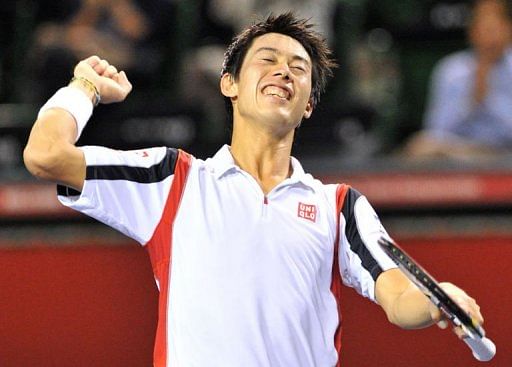 Nishikori celebrates his win over world number six Tomas Berdych in the quarters