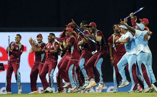 West Indies cricketers celebrate their victory