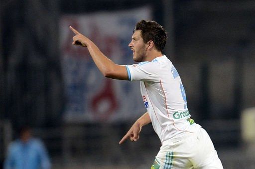 Marseille&#039;s Andre-Pierre Gignac celebrates after scoring