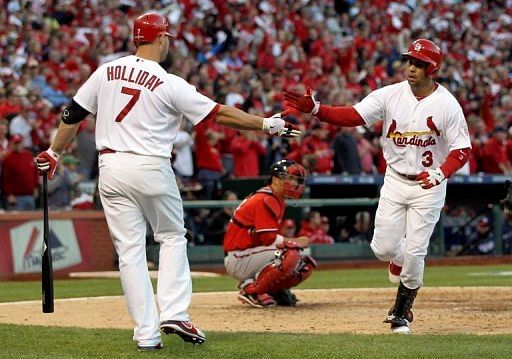 St. Louis Cardinals' Carlos Beltran celebrates after Game 6 of the