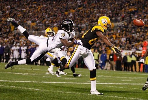 Antonio Brown of the Pittsburgh Steelers has a pass defended by Ladarius Webb of the Baltimore Ravens in 2011