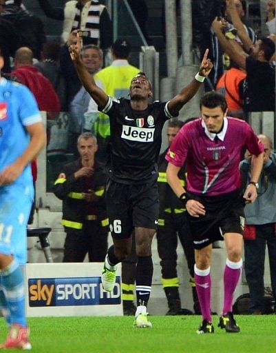 Juventus&#039; Paul Pogba celebrates after scoring a goal