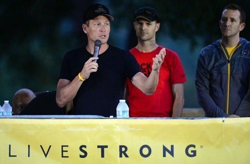 Banned US cyclist Lance Armstrong speaks at the begining of the annual Team Livestrong Challenge in Austin, Texas