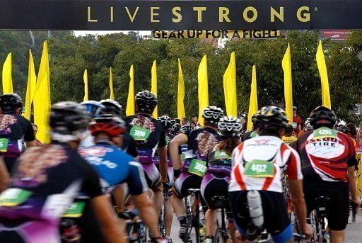 Cyclists take part in The Livestrong Challenge Ride after Lance Armstrong addressed the riders October 21 in Austin