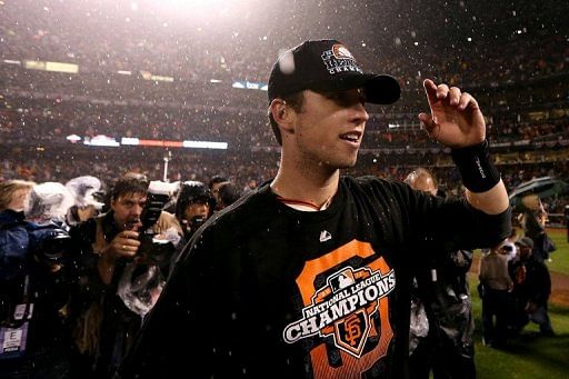 Buster Posey of the San Francisco Giants celebrates after the Giants 9-0 victory against the St. Louis Cardinals