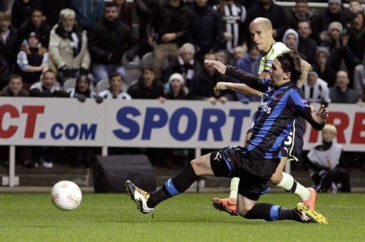Newcastle United&#039;s Gabriel Obertan (back) scores