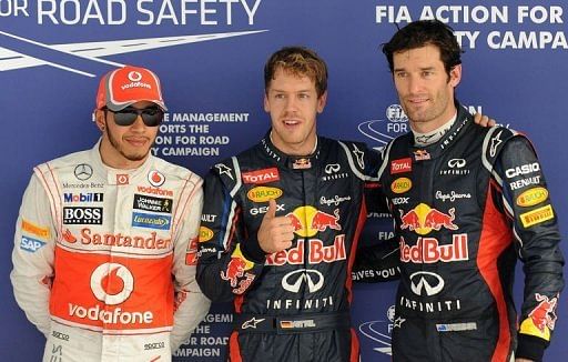 Sebastian Vettel (centre), Mark Webber (right) and Lewis Hamilton