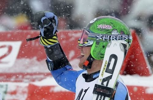 Ted Ligety reacts after the men's giant slalom