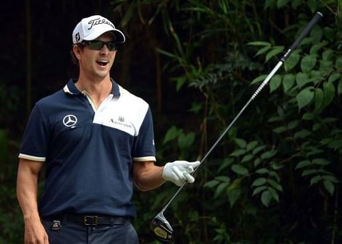 Adam Scott prepares to tee off at the 15th hole in Dongguan, China