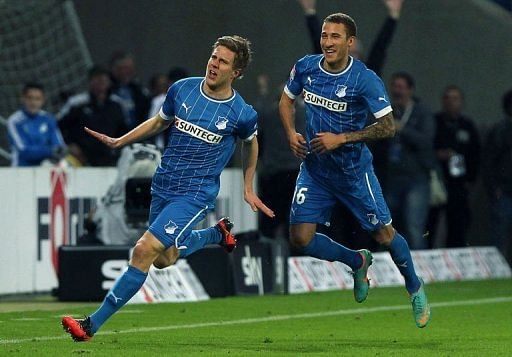 Hoffenheim&#039;s Sven Schipplock (L) Fabian Johnson celebrate after Schipplock scored