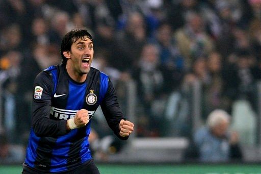 Inter Milan&#039;s forward Diego Milito celebrates after scoring a penalty