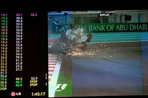 Nico Rosberg&#039;s car smashed into the rear end of Navain Karthikeyan&#039;s slower vehicle and took off