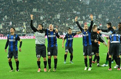 Inter Milan celebrate after winning the Italian Serie A football match between Juventus and Inter