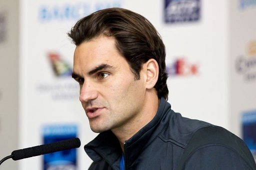 Roger Federer speaks during a press conference a day ahead of the ATP World Tour Finals