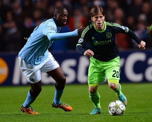 Yaya Toure&#039;s (L) fine chest-and-volley mid-way through the first half brought Manchester City back into the game