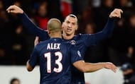 Paris Saint-Germain's Alex Costa is congratulated by team mate Zlatan Ibrahimovic after scoring