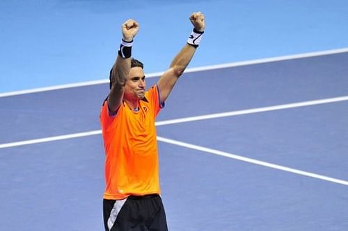 Spain's David Ferrer celebrates beating Argentina's Juan Martin Del Potro