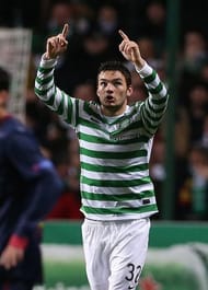 Celtic's Tony Watt celebrates scoring against Barcelona