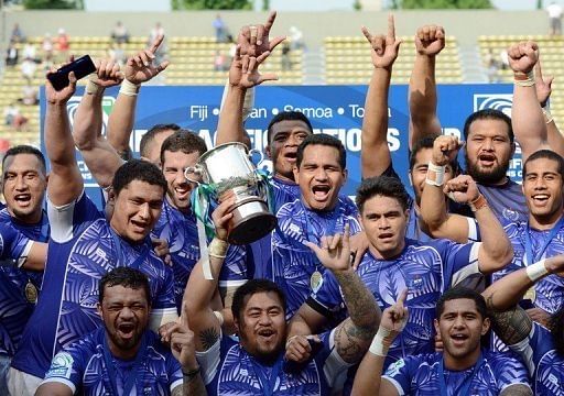 Samoa players celebrating after winning the Pacific Nations Cup in Tokyo in June