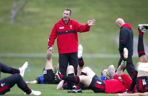 Interim Wales head coach Rob Howley (C), pictured during a team training session in Wellington, in 2011