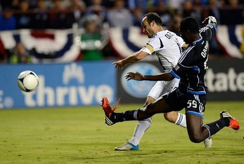 The Galaxy added another in the 34th minute when Tommy Meyer's long ball found Landon Donovan (L) on the right flank
