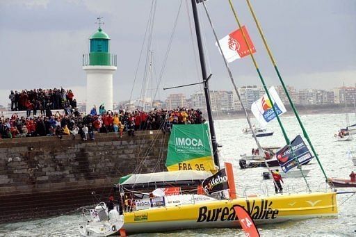 The monohull &#039;Bureau Valle&#039; skippered by Louis Burton leaves the harbour in Les Sables d&#039;Olonne, France