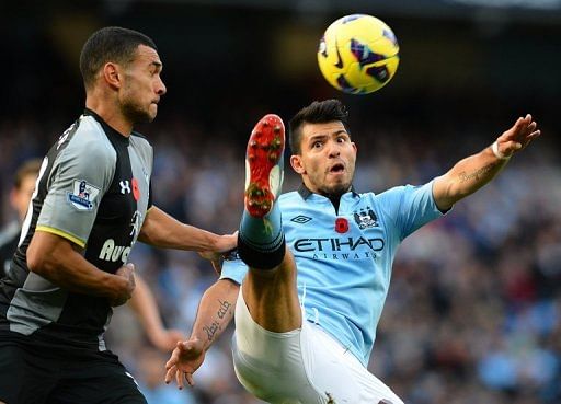 An equaliser from Sergio Aguero, pictured, cancelled out a first-half headed goal from Tottenham defender Steven Caulker