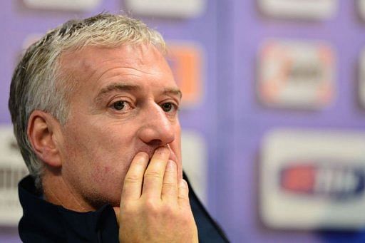 France&#039;s coach Didier Deschamps attends a press conference at Tardini Stadium