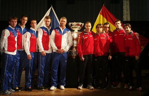 (From left) Members of Czech Republic and Spanish Davis Cup team pose for media in Prague