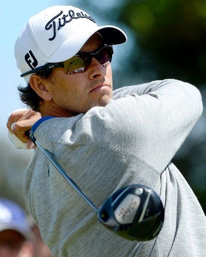 Home favourite, Adam Scott, tees off during the third round of the Australian Masters